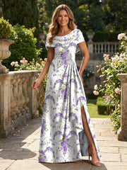 A-Line Floral Print Off Shoulder Maxi Mother of the Bride & Groom Dresses with Ruched Ruffles Waist & Slit