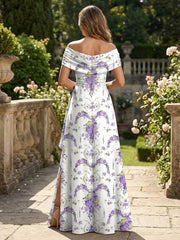 A-Line Floral Print Off Shoulder Maxi Mother of the Bride & Groom Dresses with Ruched Ruffles Waist & Slit