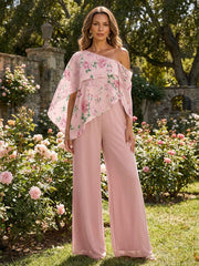 2-Piece Chiffon Mother of the Bride & Groom Jumpsuit with Floral Print Cape & Asymmetric Neck