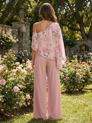 2-Piece Chiffon Mother of the Bride & Groom Jumpsuit with Floral Print Cape & Asymmetric Neck