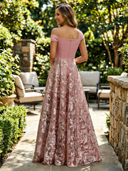 A-Line Lace Appliques Maxi Mother of the Bride & Groom Dresses with Off Shoulder Satin Bodice