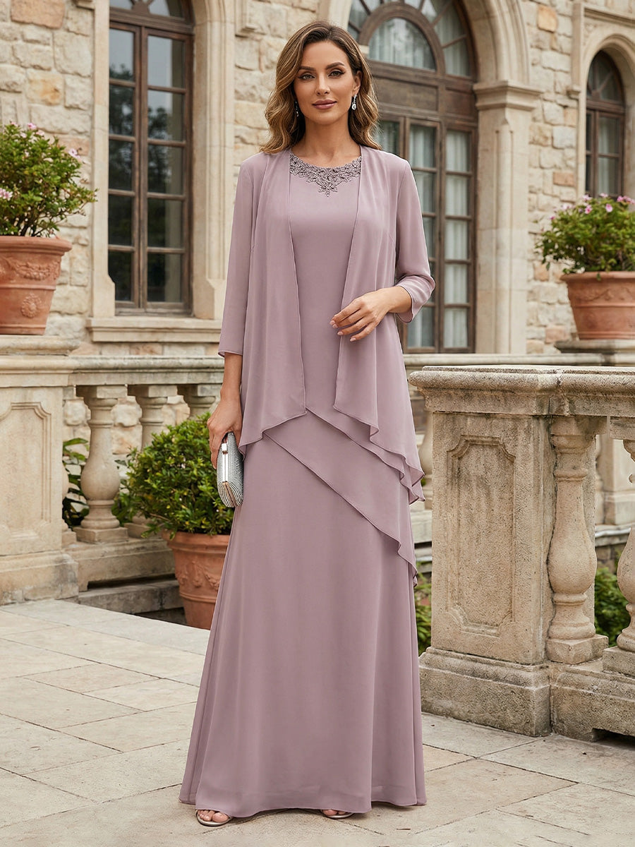 2-Piece Chiffon Lace Crew Neck Mother of the Bride & Groom Dresses with Jacket
