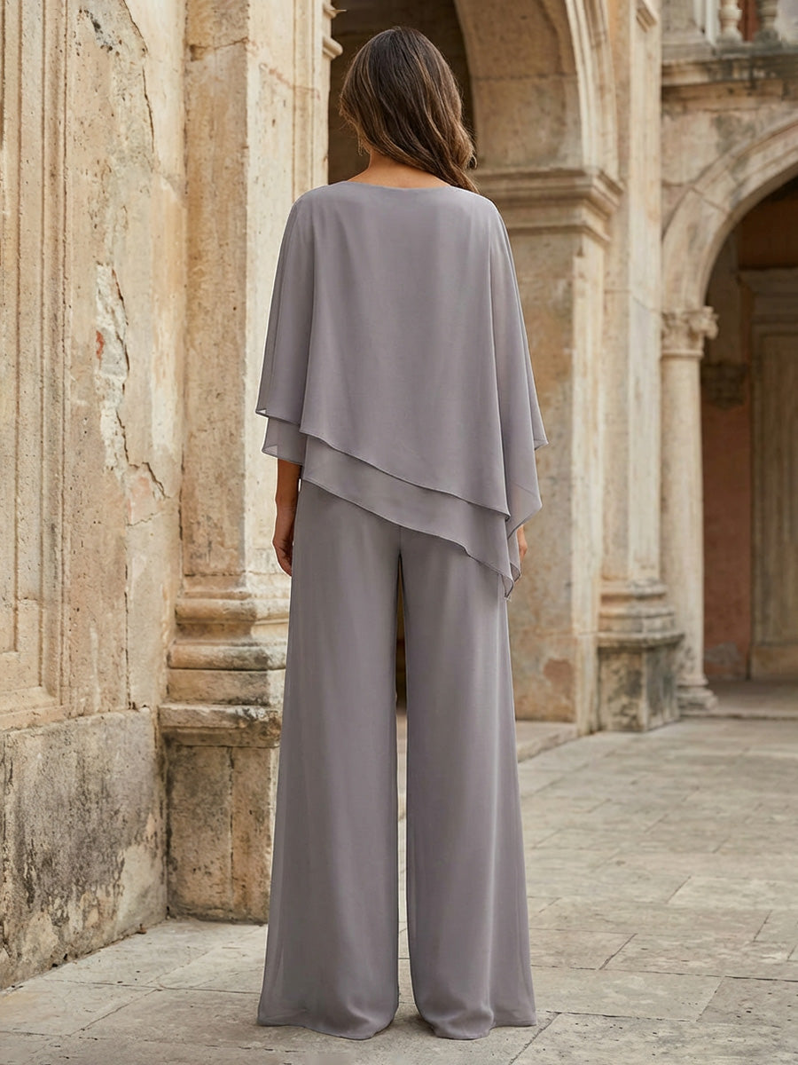 2-Piece Lightweight Chiffon Long Mother of the Bride & Groom Suit with 3/4 Sleeves