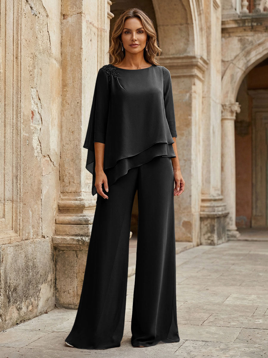 2-Piece Lightweight Chiffon Long Mother of the Bride & Groom Suit with 3/4 Sleeves