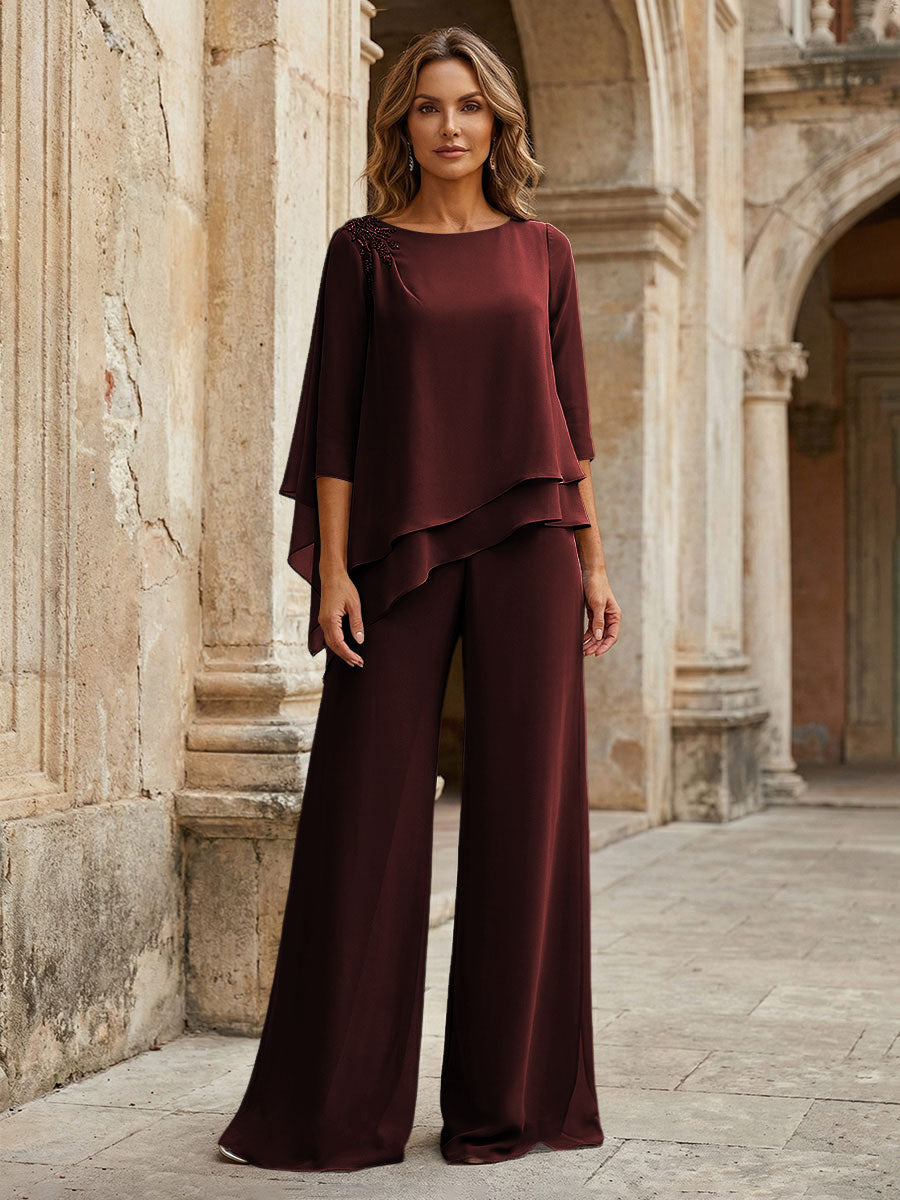 2-Piece Lightweight Chiffon Long Mother of the Bride & Groom Suit with 3/4 Sleeves