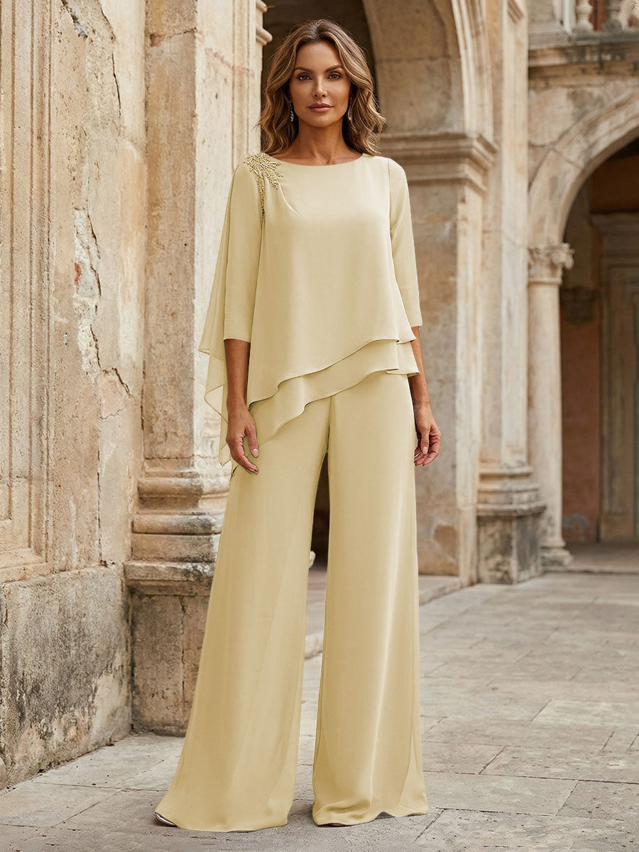 2-Piece Lightweight Chiffon Long Mother of the Bride & Groom Suit with 3/4 Sleeves