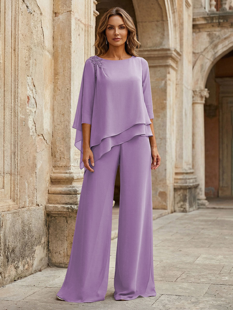 2-Piece Lightweight Chiffon Long Mother of the Bride & Groom Suit with 3/4 Sleeves