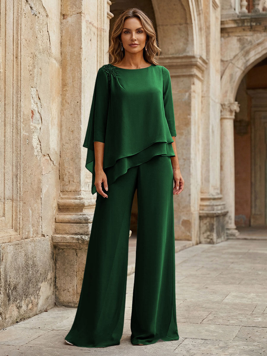 2-Piece Lightweight Chiffon Long Mother of the Bride & Groom Suit with 3/4 Sleeves