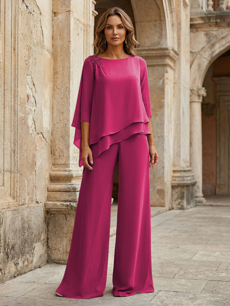 2-Piece Lightweight Chiffon Long Mother of the Bride & Groom Suit with 3/4 Sleeves
