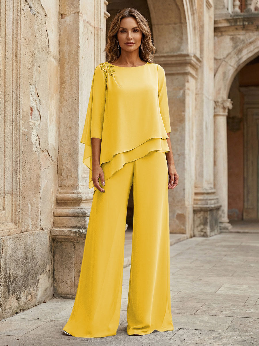 2-Piece Lightweight Chiffon Long Mother of the Bride & Groom Suit with 3/4 Sleeves