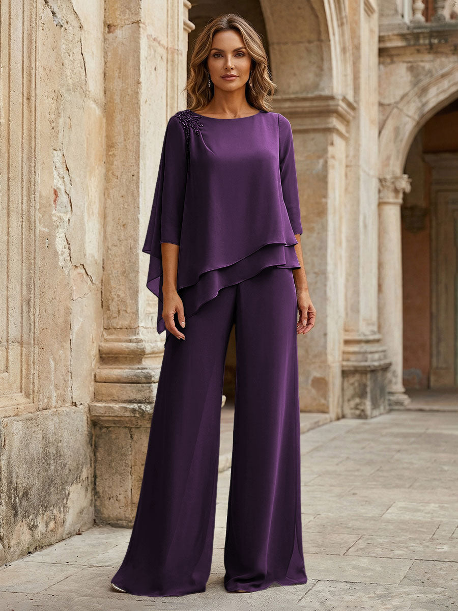 2-Piece Lightweight Chiffon Long Mother of the Bride & Groom Suit with 3/4 Sleeves
