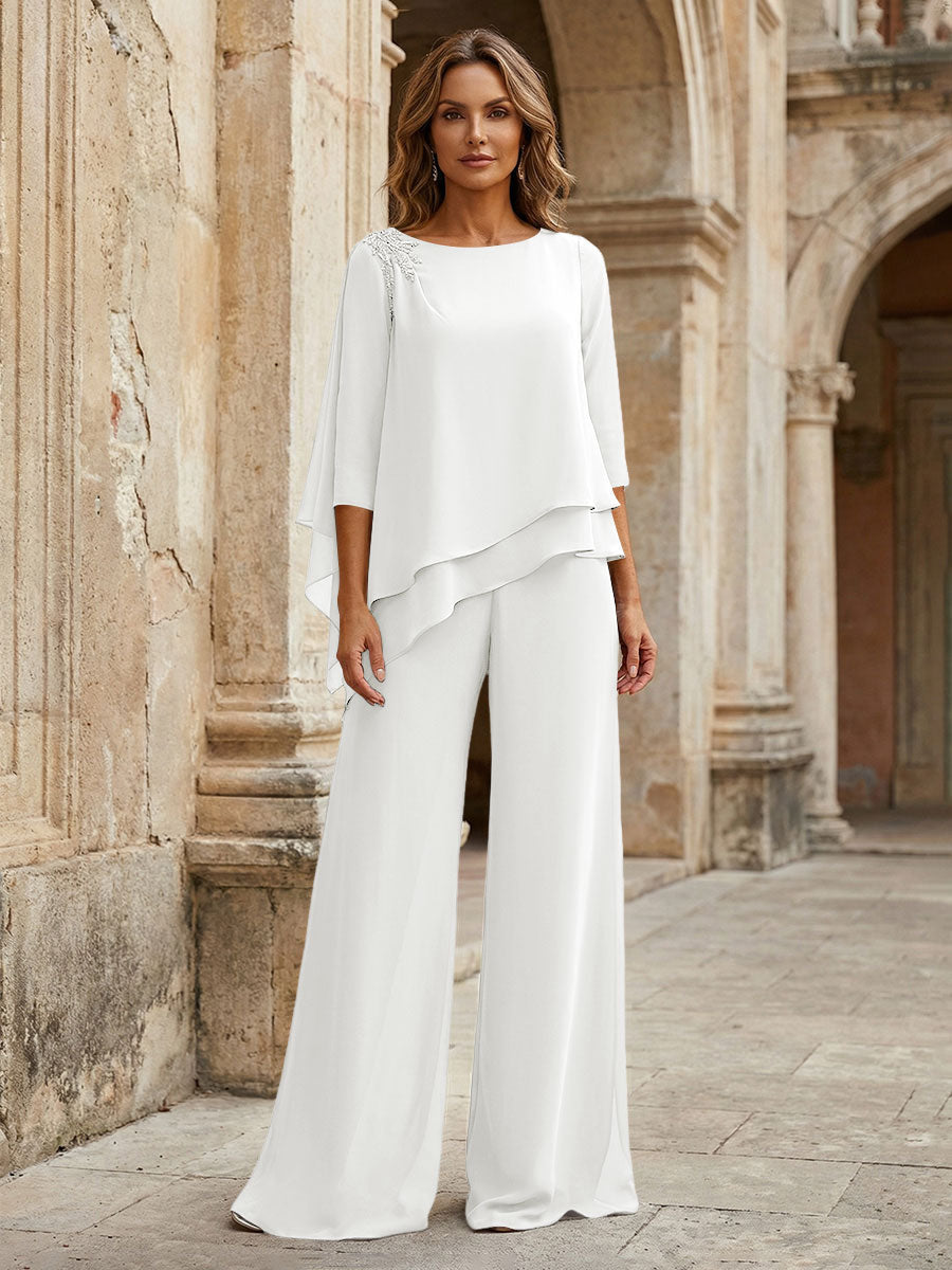 2-Piece Lightweight Chiffon Long Mother of the Bride & Groom Suit with 3/4 Sleeves