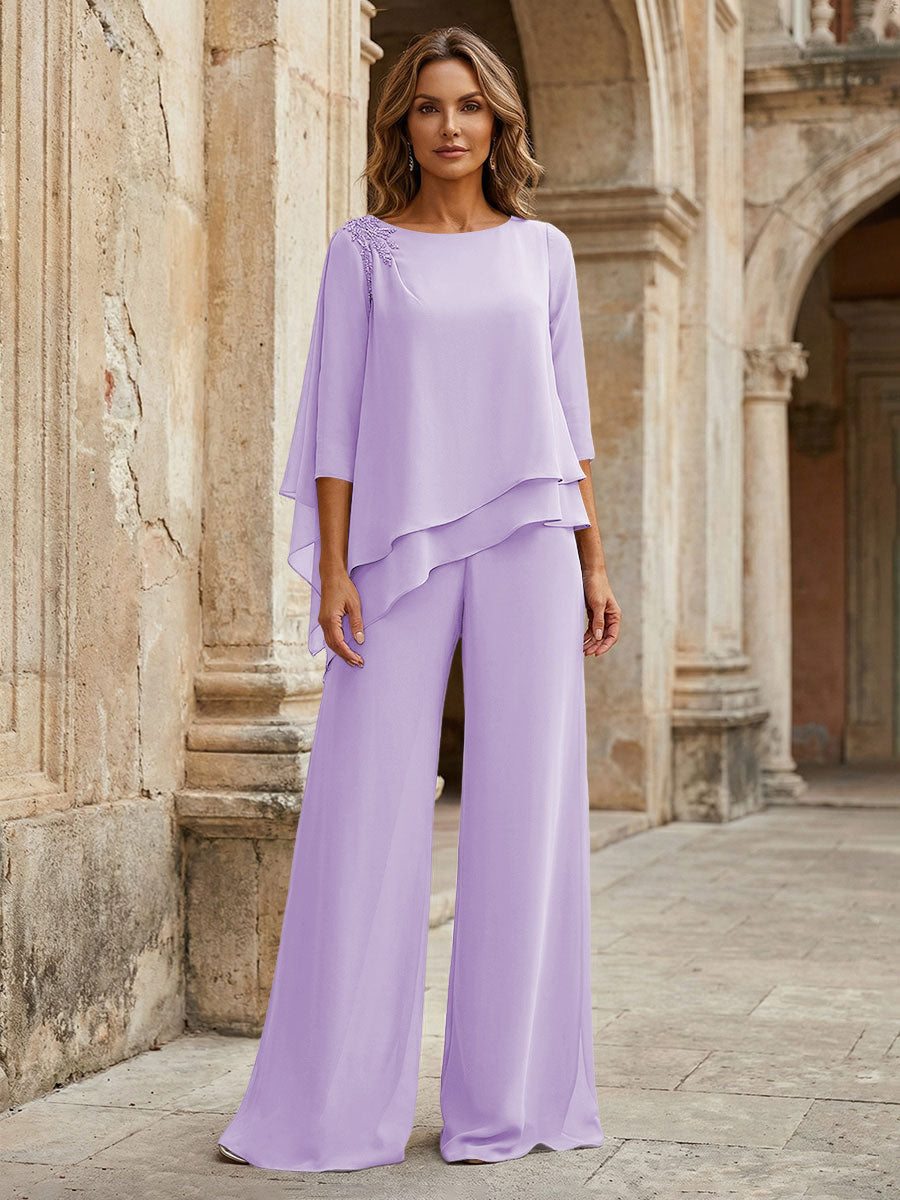 2-Piece Lightweight Chiffon Long Mother of the Bride & Groom Suit with 3/4 Sleeves