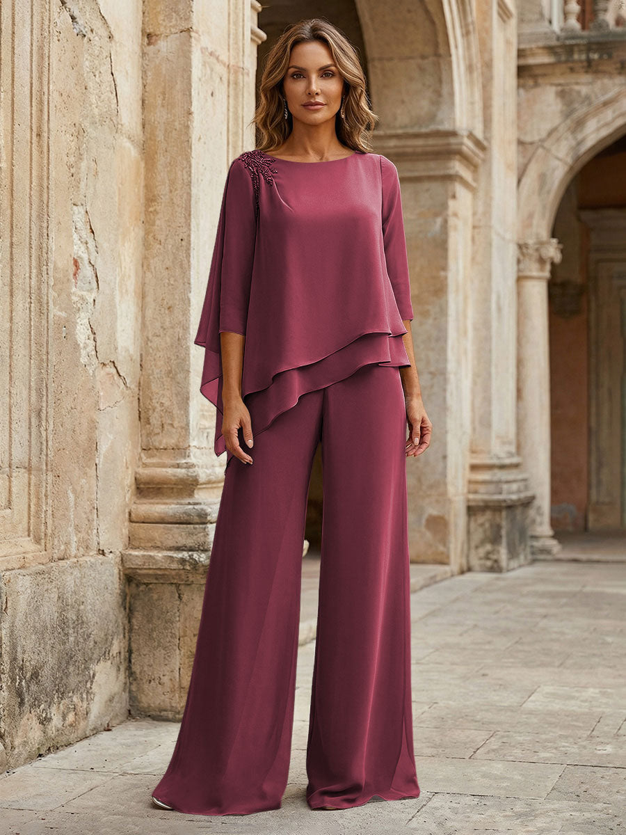 2-Piece Lightweight Chiffon Long Mother of the Bride & Groom Suit with 3/4 Sleeves