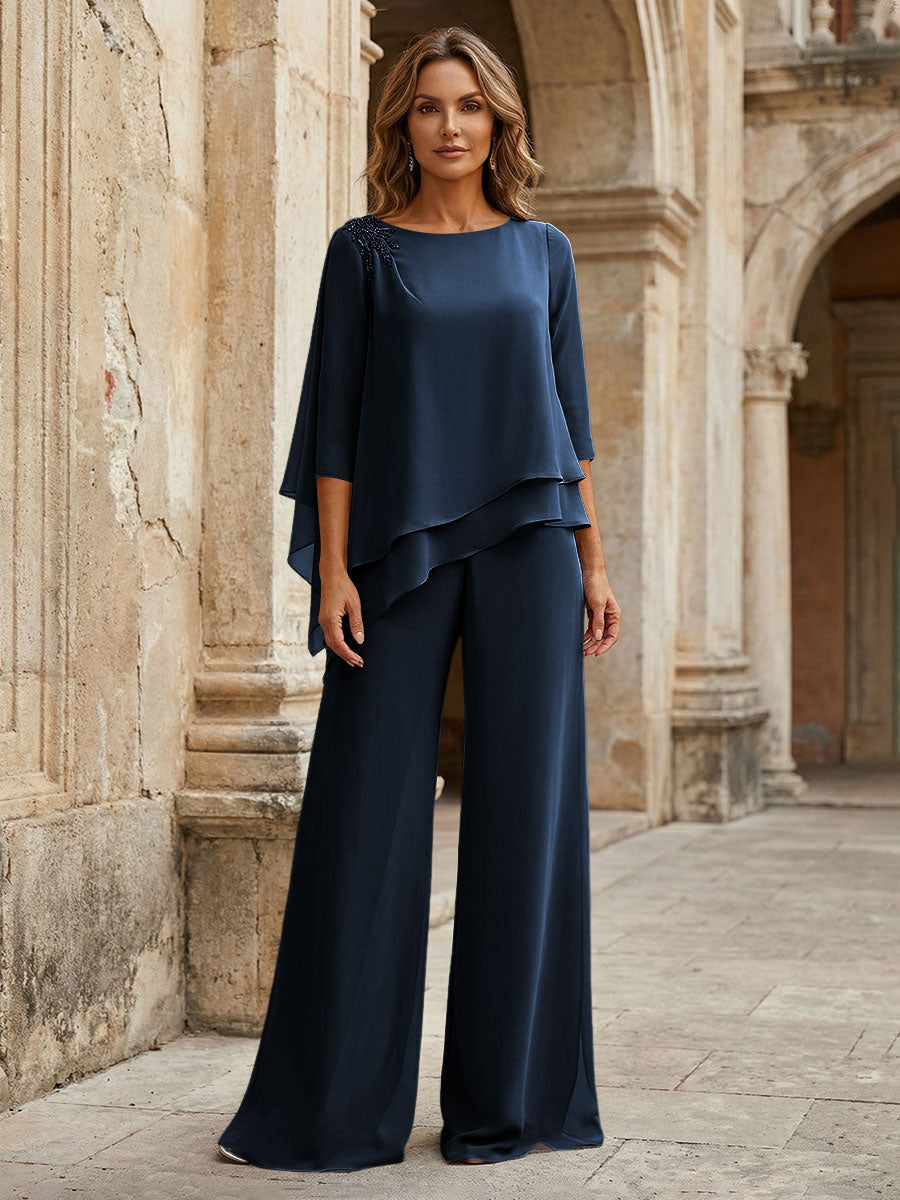 2-Piece Lightweight Chiffon Long Mother of the Bride & Groom Suit with 3/4 Sleeves