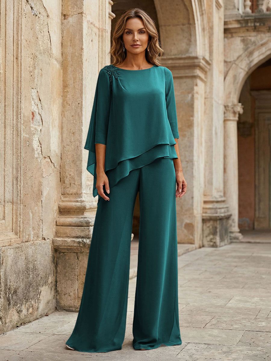 2-Piece Lightweight Chiffon Long Mother of the Bride & Groom Suit with 3/4 Sleeves