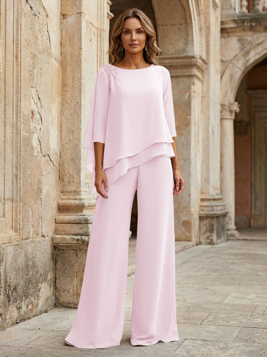 2-Piece Lightweight Chiffon Long Mother of the Bride & Groom Suit with 3/4 Sleeves