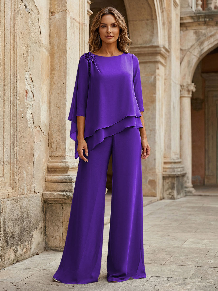 2-Piece Lightweight Chiffon Long Mother of the Bride & Groom Suit with 3/4 Sleeves