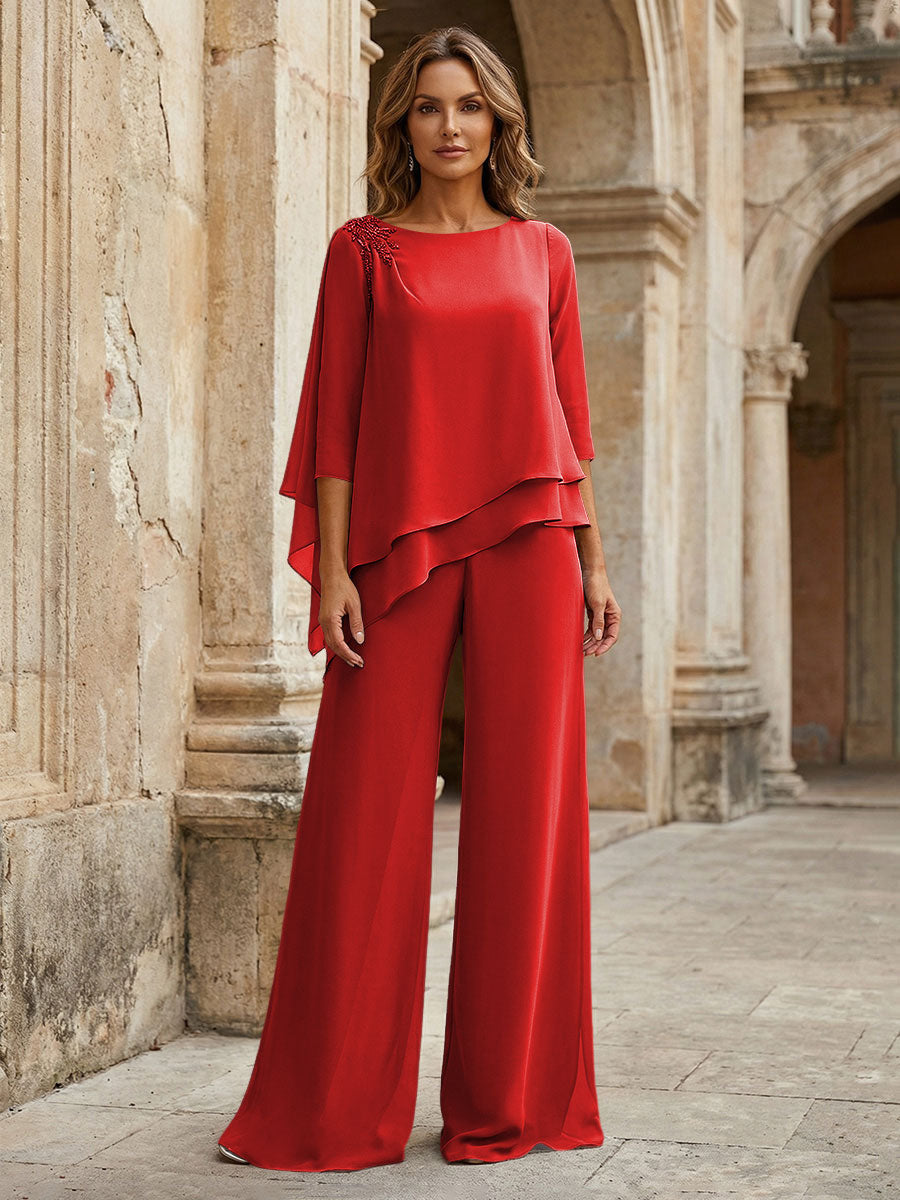 2-Piece Lightweight Chiffon Long Mother of the Bride & Groom Suit with 3/4 Sleeves