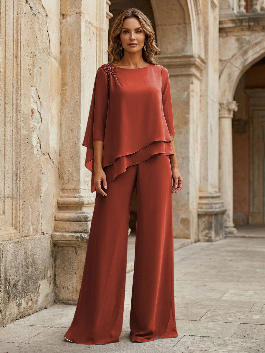 2-Piece Lightweight Chiffon Long Mother of the Bride & Groom Suit with 3/4 Sleeves