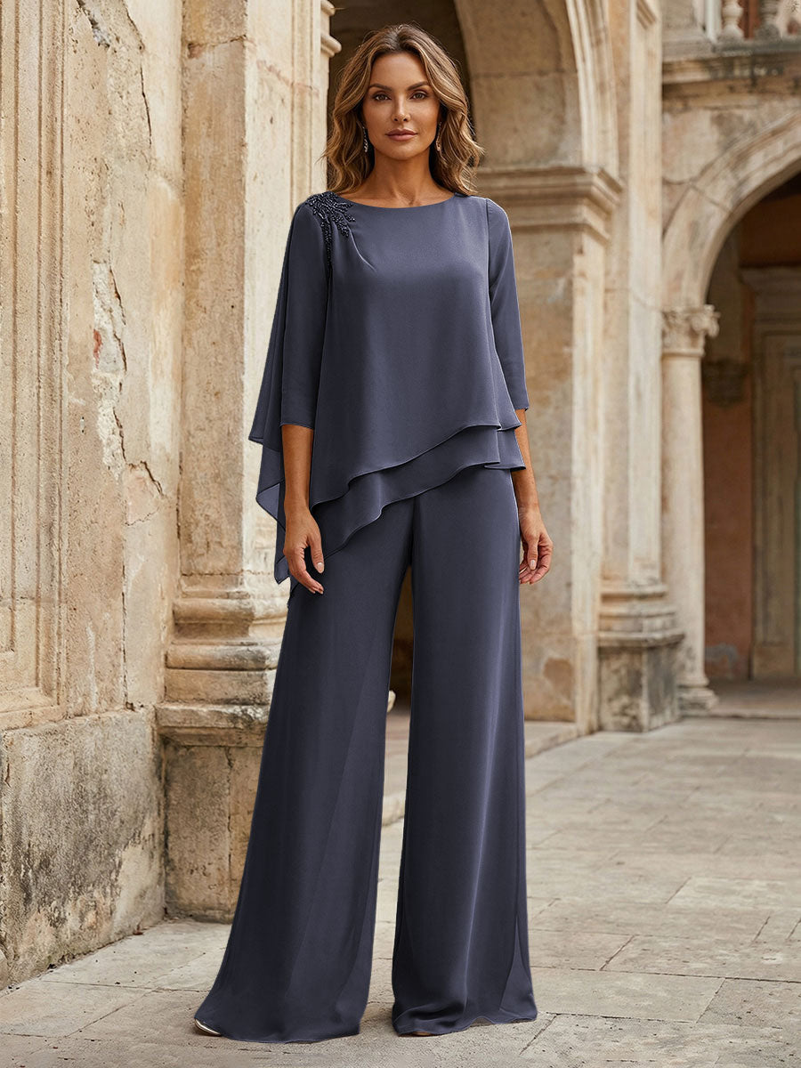 2-Piece Lightweight Chiffon Long Mother of the Bride & Groom Suit with 3/4 Sleeves