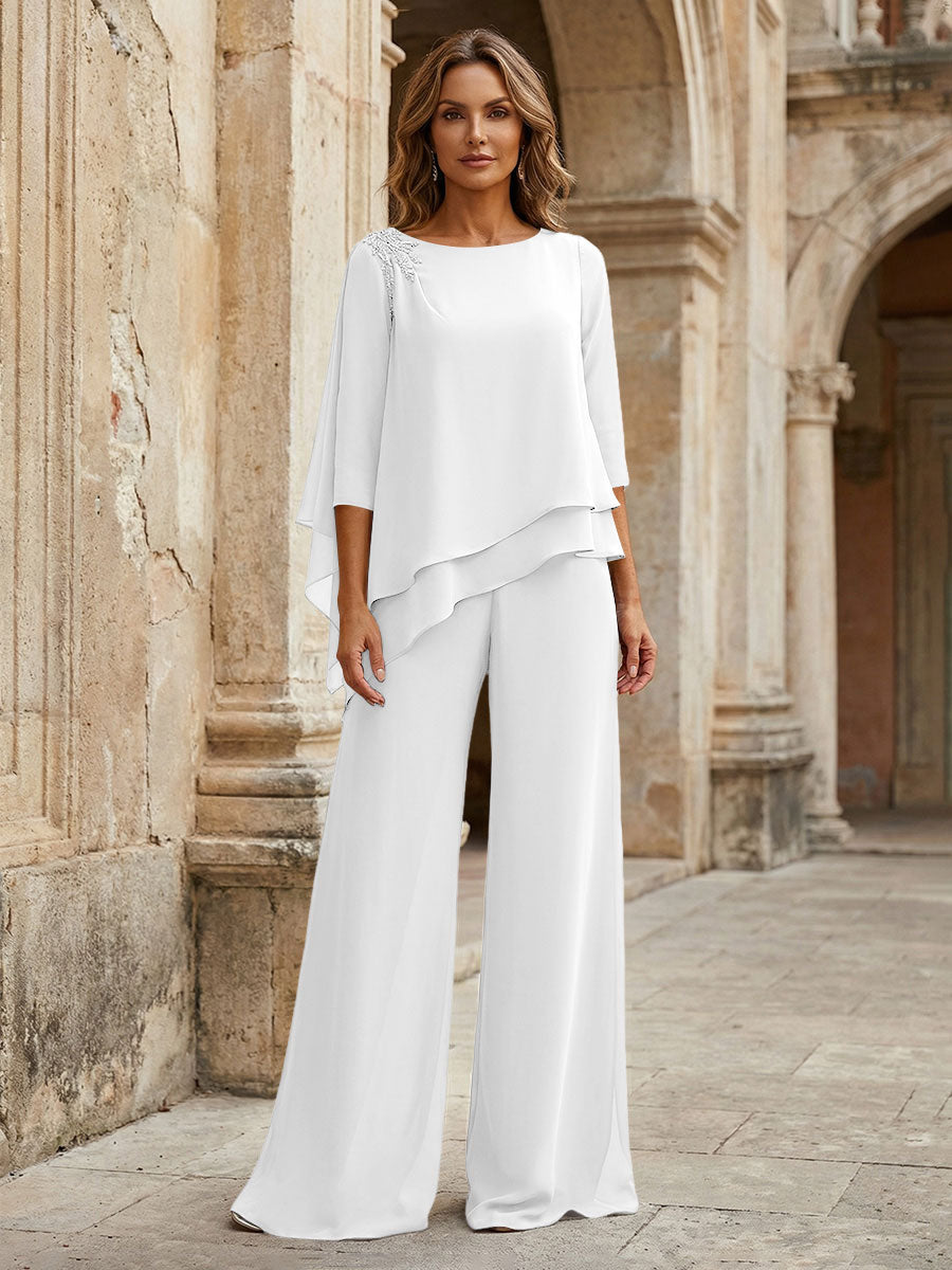 2-Piece Lightweight Chiffon Long Mother of the Bride & Groom Suit with 3/4 Sleeves