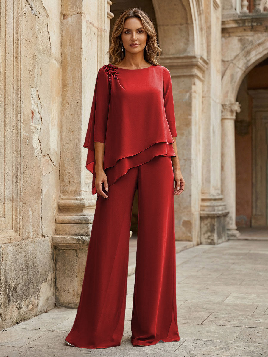 2-Piece Lightweight Chiffon Long Mother of the Bride & Groom Suit with 3/4 Sleeves