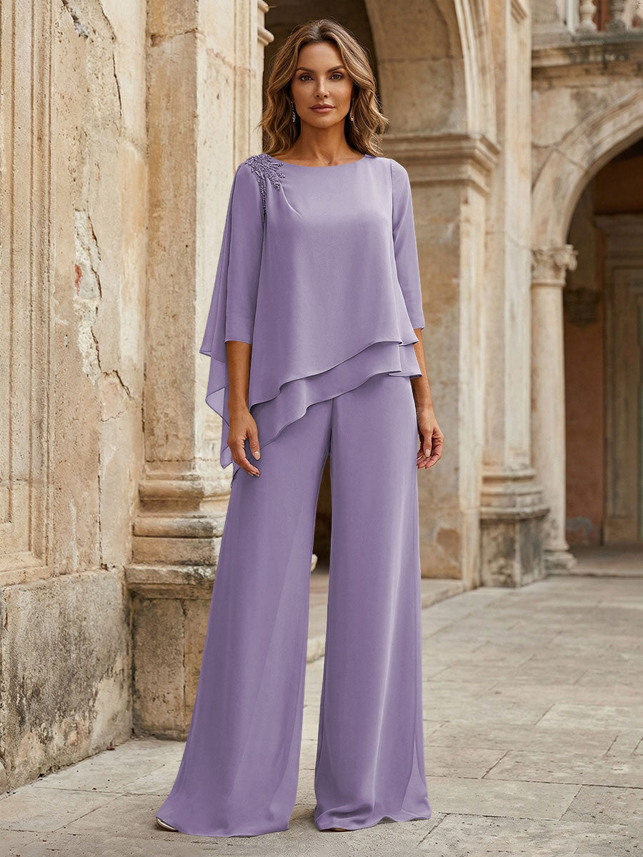 2-Piece Lightweight Chiffon Long Mother of the Bride & Groom Suit with 3/4 Sleeves