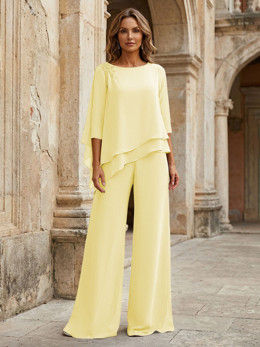 2-Piece Lightweight Chiffon Long Mother of the Bride & Groom Suit with 3/4 Sleeves
