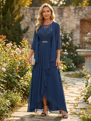 2-Piece A-Line Chiffon Long Mother of the Bride & Groom Dresses with Ruched Ruffles Waist