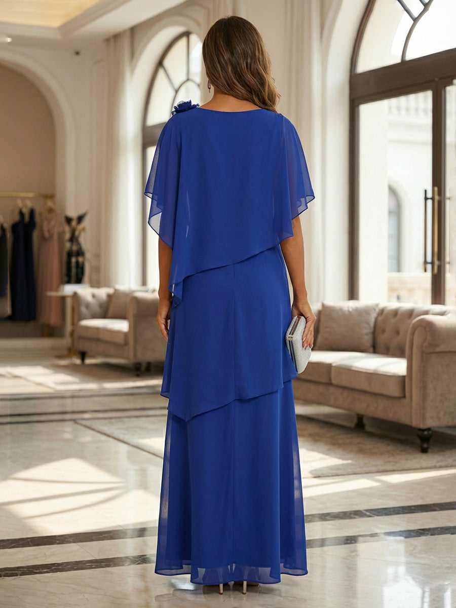 A-Line Floor-Length Chiffon Cape Sleeves Mother of the Bride & Groom Dresses with Tiered Ruffles