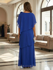 A-Line Floor-Length Chiffon Cape Sleeves Mother of the Bride & Groom Dresses with Tiered Ruffles