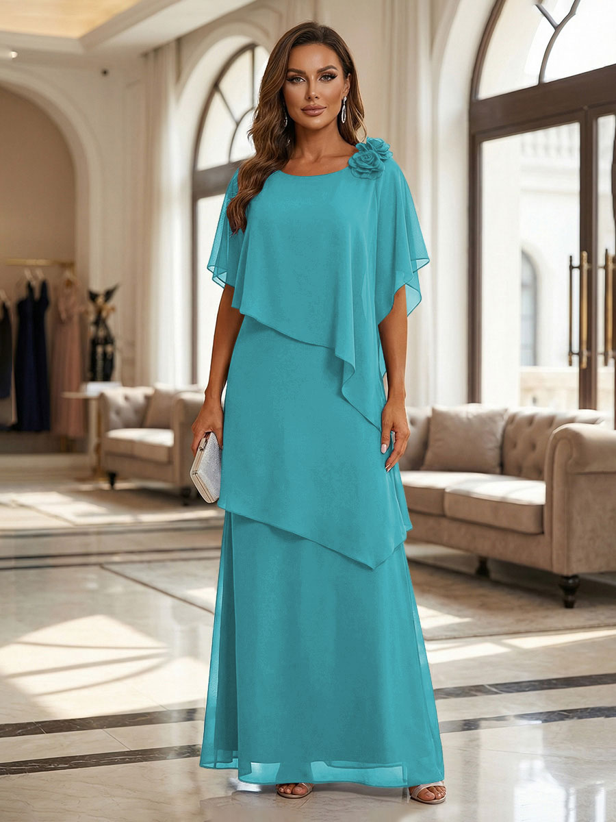 A-Line Floor-Length Chiffon Cape Sleeves Mother of the Bride & Groom Dresses with Tiered Ruffles