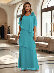 A-Line Floor-Length Chiffon Cape Sleeves Mother of the Bride & Groom Dresses with Tiered Ruffles