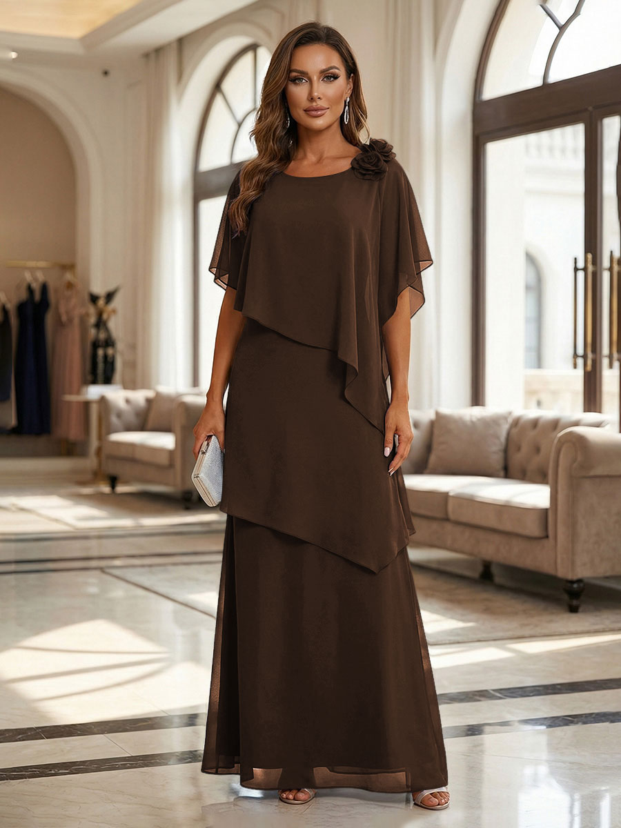 A-Line Floor-Length Chiffon Cape Sleeves Mother of the Bride & Groom Dresses with Tiered Ruffles