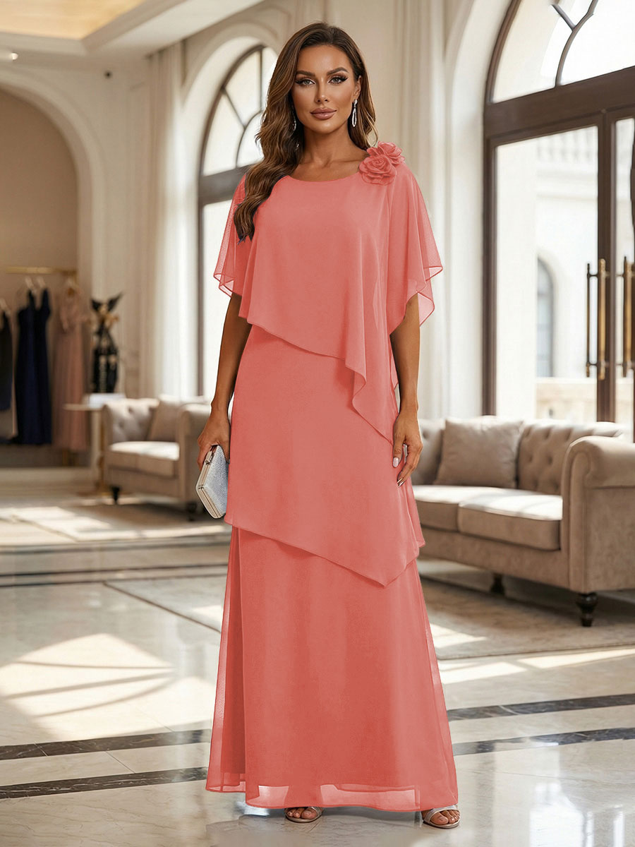 A-Line Floor-Length Chiffon Cape Sleeves Mother of the Bride & Groom Dresses with Tiered Ruffles