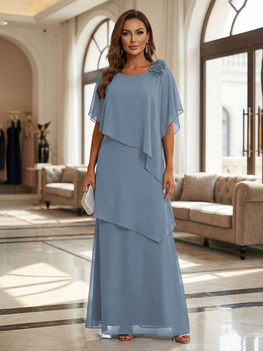 A-Line Floor-Length Chiffon Cape Sleeves Mother of the Bride & Groom Dresses with Tiered Ruffles