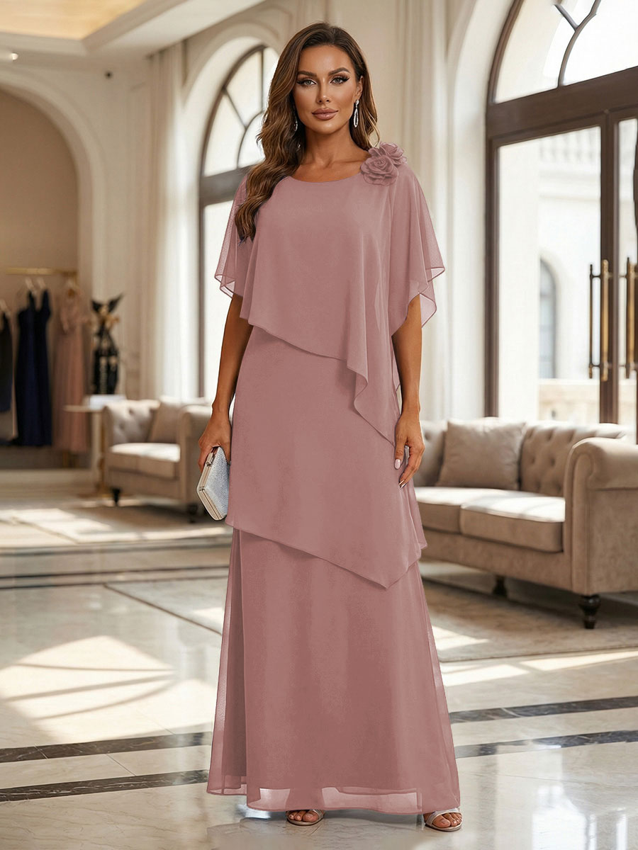 A-Line Floor-Length Chiffon Cape Sleeves Mother of the Bride & Groom Dresses with Tiered Ruffles