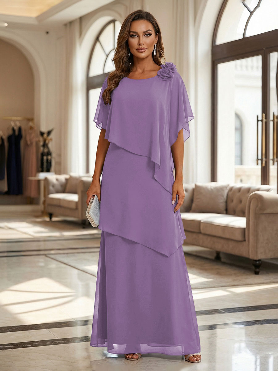 A-Line Floor-Length Chiffon Cape Sleeves Mother of the Bride & Groom Dresses with Tiered Ruffles