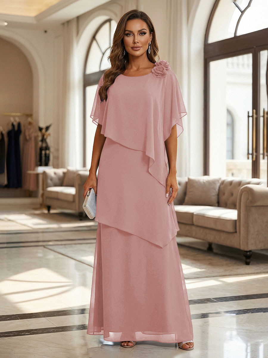 A-Line Floor-Length Chiffon Cape Sleeves Mother of the Bride & Groom Dresses with Tiered Ruffles