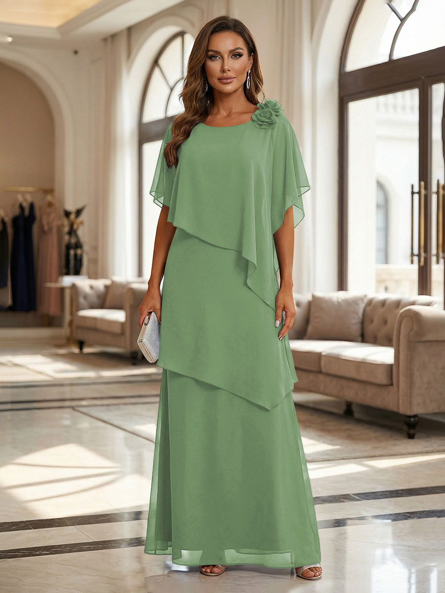 A-Line Floor-Length Chiffon Cape Sleeves Mother of the Bride & Groom Dresses with Tiered Ruffles