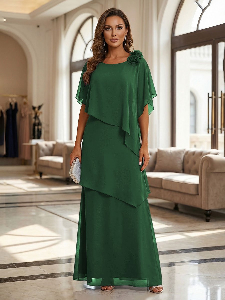 A-Line Floor-Length Chiffon Cape Sleeves Mother of the Bride & Groom Dresses with Tiered Ruffles