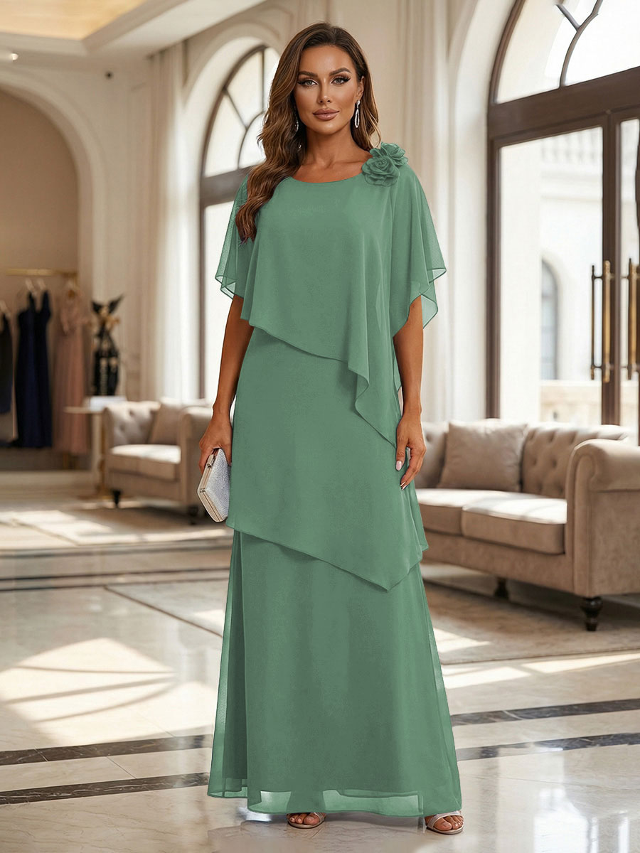 A-Line Floor-Length Chiffon Cape Sleeves Mother of the Bride & Groom Dresses with Tiered Ruffles