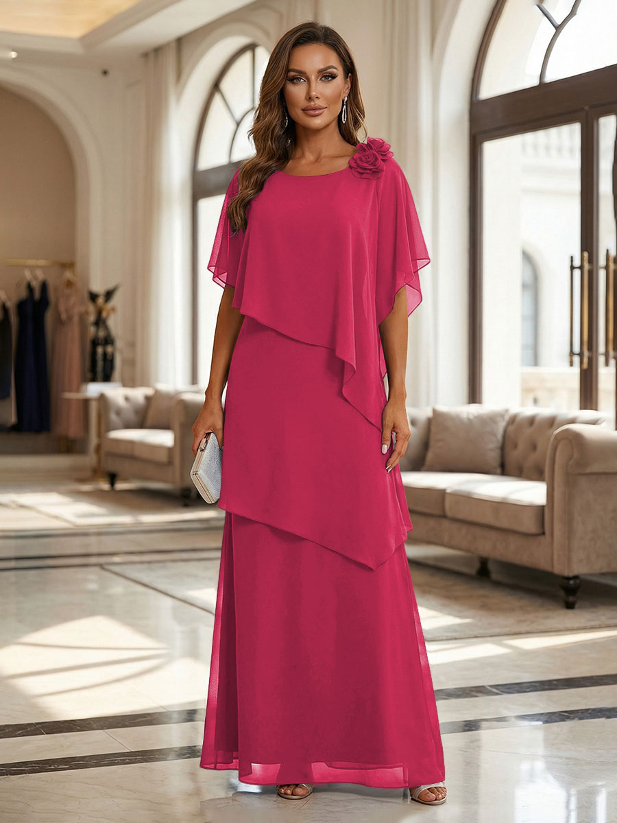 A-Line Floor-Length Chiffon Cape Sleeves Mother of the Bride & Groom Dresses with Tiered Ruffles