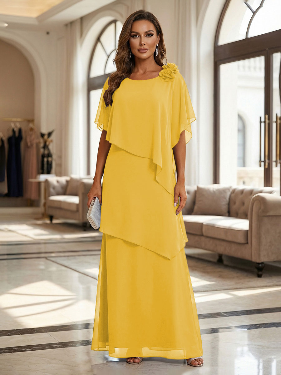 A-Line Floor-Length Chiffon Cape Sleeves Mother of the Bride & Groom Dresses with Tiered Ruffles