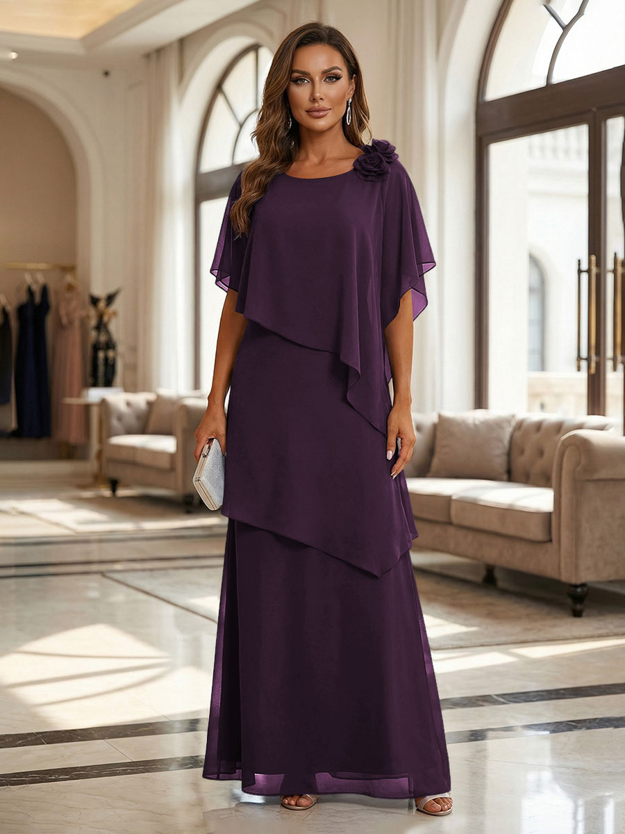 A-Line Floor-Length Chiffon Cape Sleeves Mother of the Bride & Groom Dresses with Tiered Ruffles