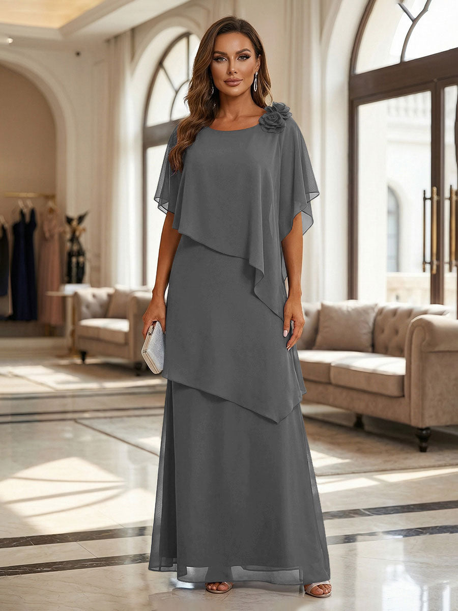 A-Line Floor-Length Chiffon Cape Sleeves Mother of the Bride & Groom Dresses with Tiered Ruffles
