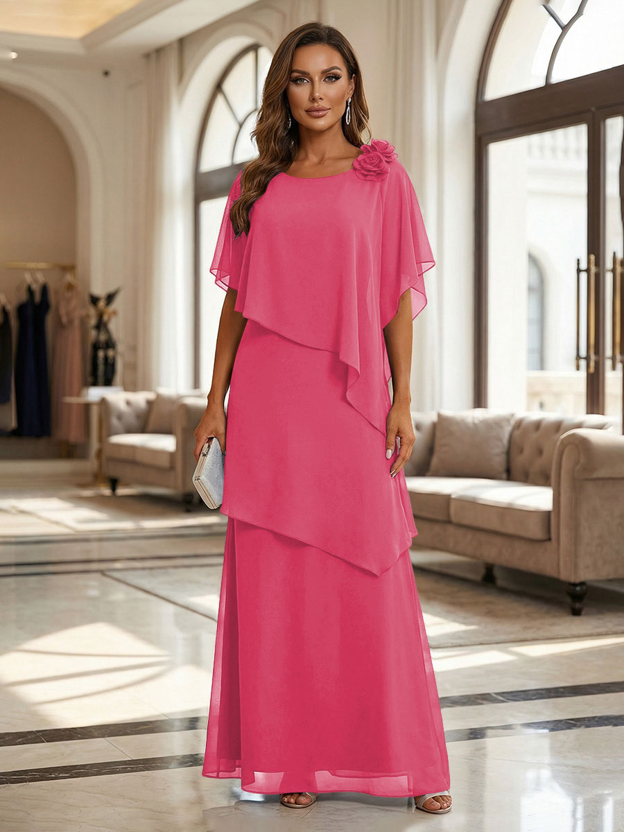 A-Line Floor-Length Chiffon Cape Sleeves Mother of the Bride & Groom Dresses with Tiered Ruffles