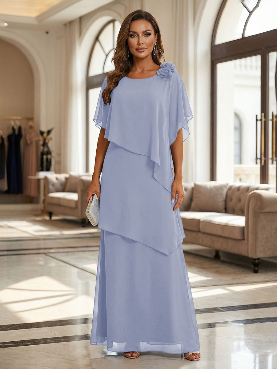 A-Line Floor-Length Chiffon Cape Sleeves Mother of the Bride & Groom Dresses with Tiered Ruffles