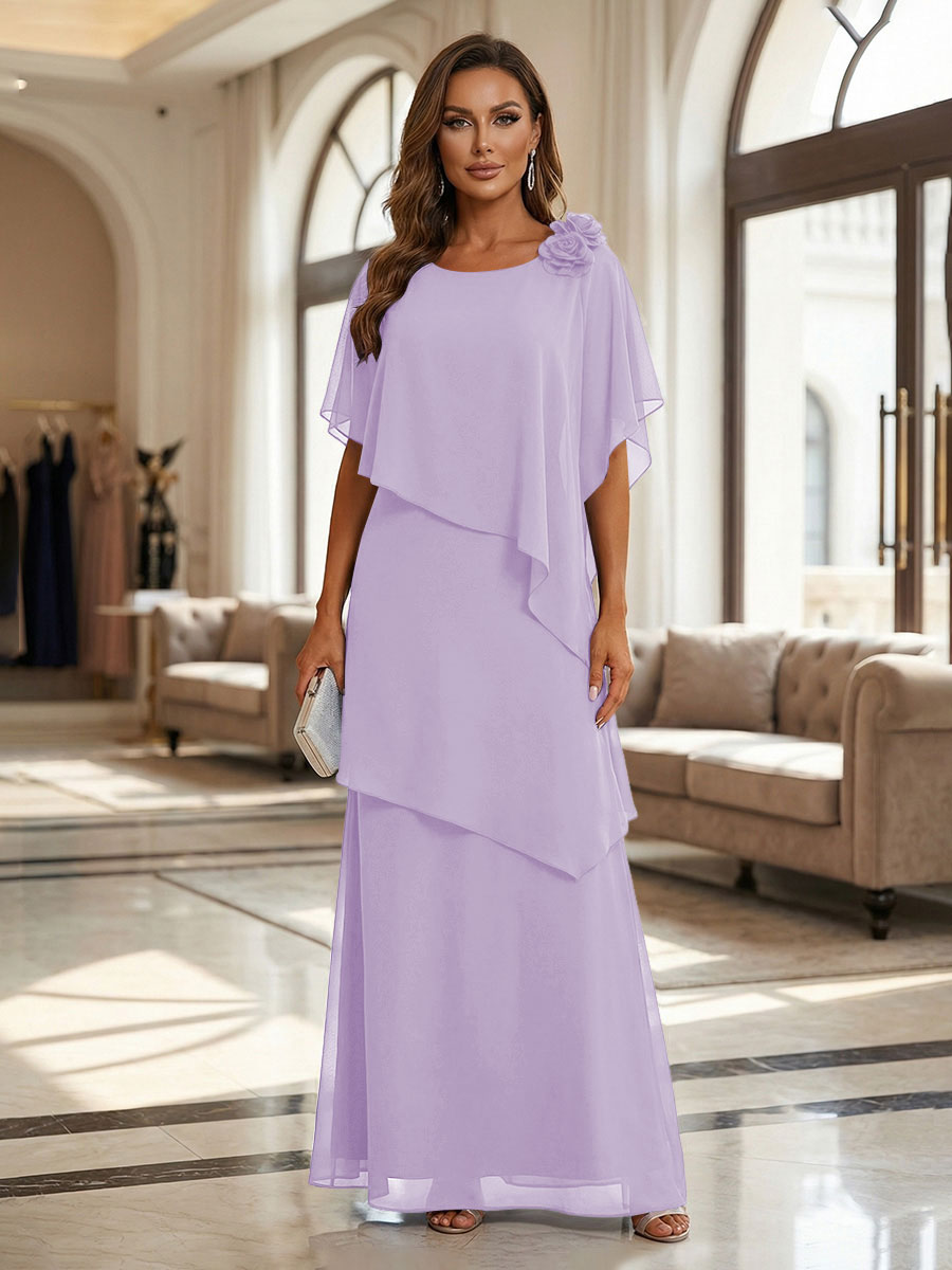 A-Line Floor-Length Chiffon Cape Sleeves Mother of the Bride & Groom Dresses with Tiered Ruffles